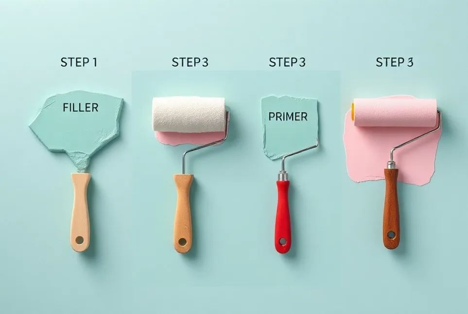 Outils de peinture disposés dans l'ordre des étapes du chantier