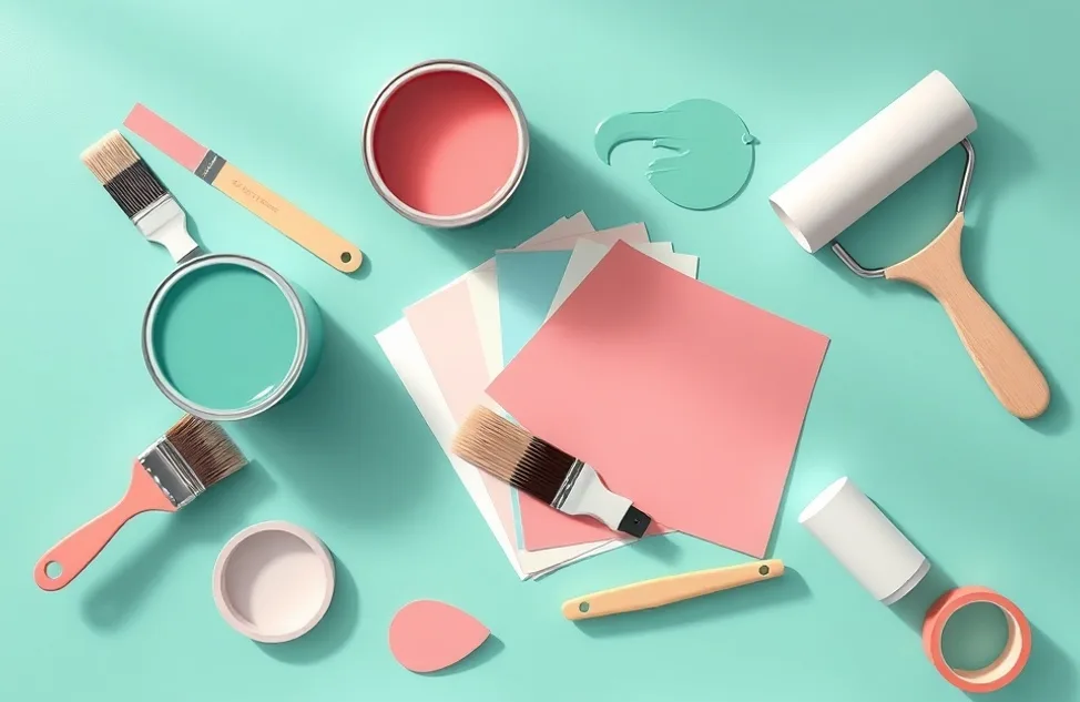 Pots de peinture, nuancier, brosses et rouleaux disposés à plat