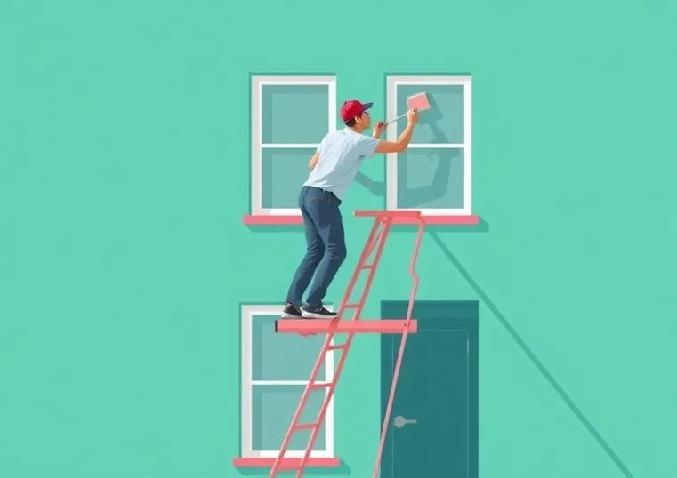 Peintre sur échafaudage traitant la façade d'une maison