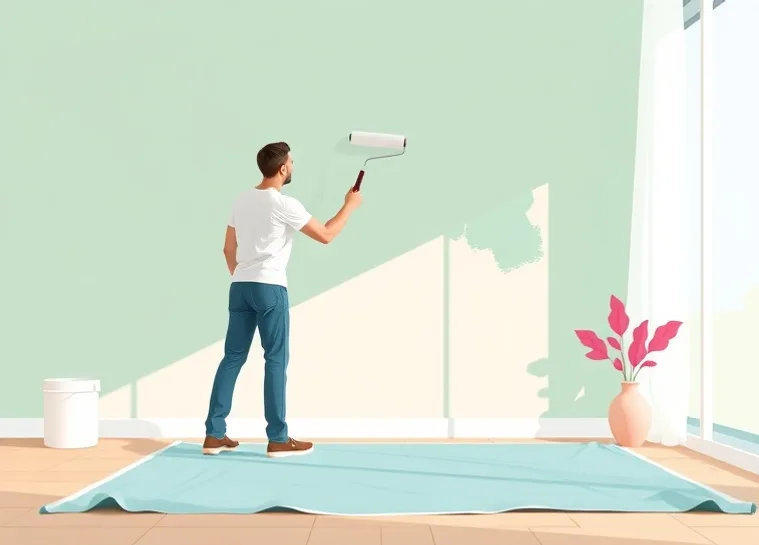 Peintre appliquant la peinture au rouleau sur un mur de salon